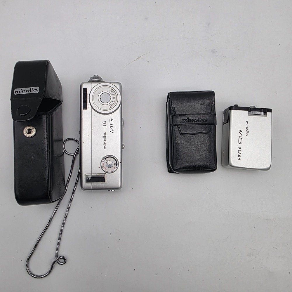 Minolta-16 MG Film Camera and‎ MG Flash  Leather Holder Case and Metal Lanyard